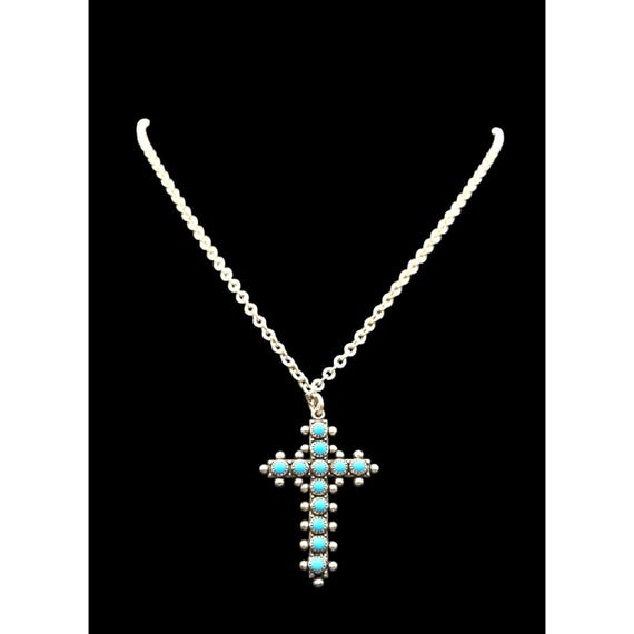 Vtg Sterling Silver Turquoise Cross Necklace 18" Chain Boho Style Native American-Inspired Zuni Design
