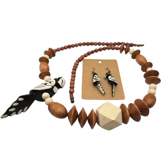 Vintage Carved Wooden Bead Necklace & Matching Parrot Earrings