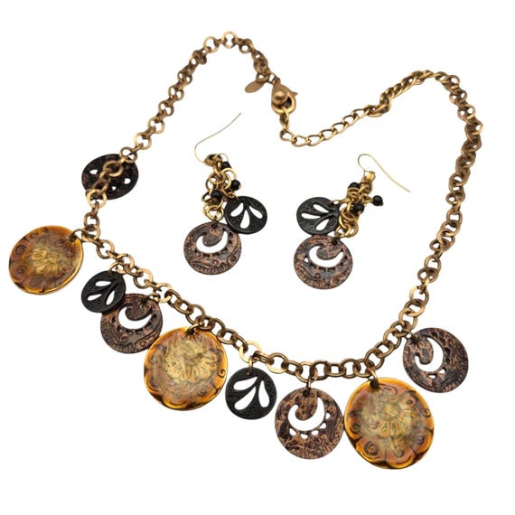 Vtg Chico's Necklace & Earrings Set Earth Tones W/ Enamel Resin Medallion Accents 16 " w/ 4 " Ext