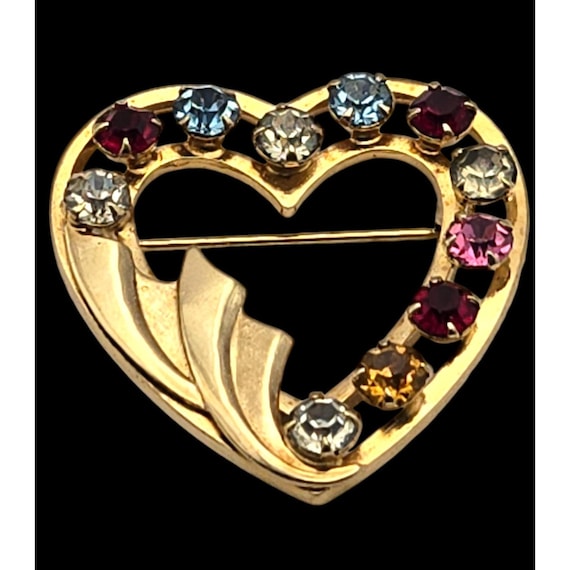 Vintage 12Kt Gold-Filled Heart Brooch With Colorful Rhinestones