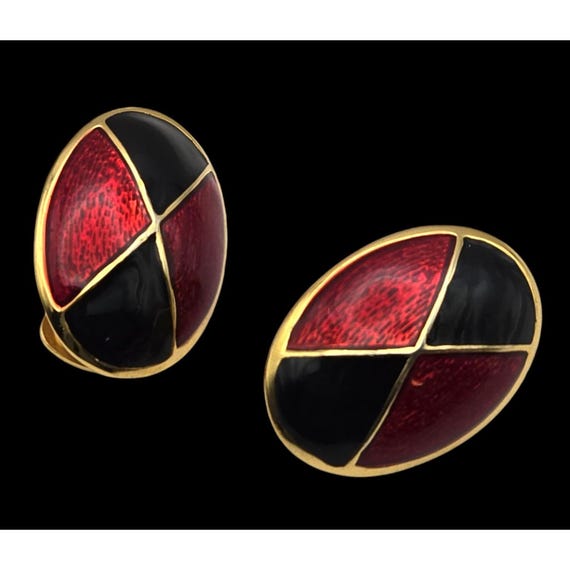 Vintage Red & Black Enamel Clip-On Earrings Oval Shape Gold-Tone
