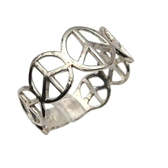 Sterling Silver Peace Symbol Band Ring Vintage-Inspired Design Size 7.5