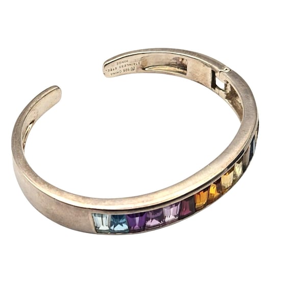 Sterling Silver 925 Gemstone Cuff Bracelet With Hinge Rainbow Baguette Crystals Vintage Style