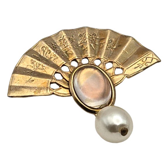 Vintage Gold-Tone Fan Brooch With Faux Pearl Drop & Engraved Details