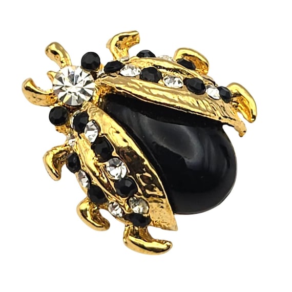 Gold Ladybug Brooch With Black Gemstone & Rhinestones