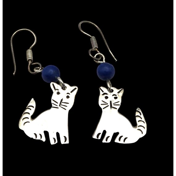Vintage Silver Cat Earrings With Blue Beads For Women