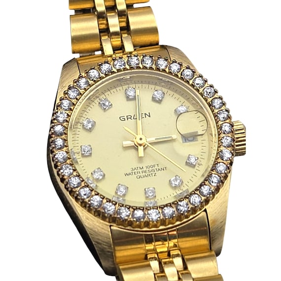 Gruen Ladies Quartz Wristwatch With Rhinestone Accents & Gold Bracelet Style Size 6 Petite