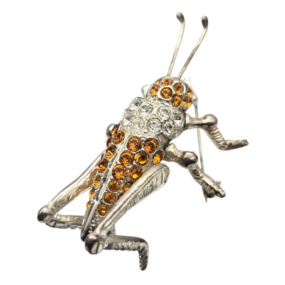 Vintage Rhinestone Grasshopper Brooch Pin Insect Design Silver Tone With Amber & Clear Crystals Jewelry Accessory 2 1/4 " X 1 " Deep