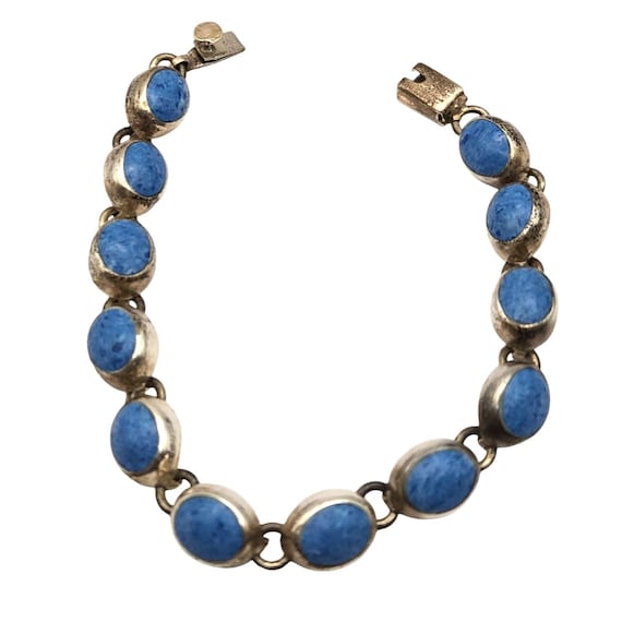 Vintage Sterling Silver & Lapis Lazuli Cabochon Bracelet Mexico 925 Oval Link Design 7"