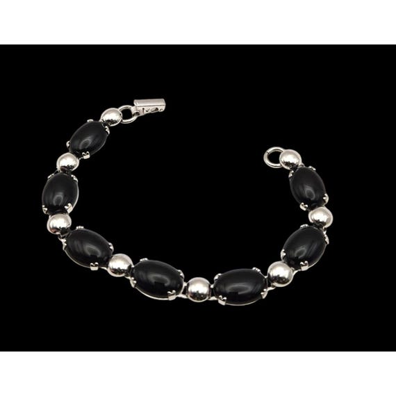Vintage Beau Sterling Silver & Black Onyx Cabochon Bracelet 7"
