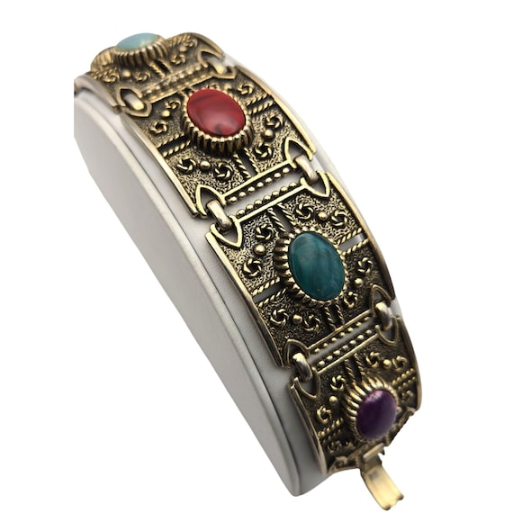 Vintage Sarah Coventry Gold Tone Cabochon Bracelet With Multicolor Stones 7 " x 1 1/4 "