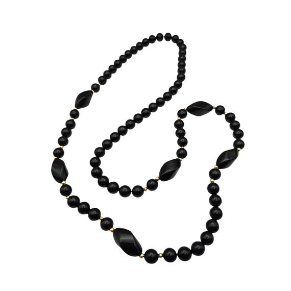 Vintage Polished Black Onyx Beaded Necklace With Gold Accents & Avant Garde Style 14 1/2" 8.24mm Beads