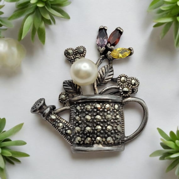 Vintage Silver Watering Can Brooch With Gemstones & Faux Pearl
