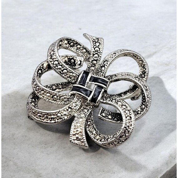 Vintage Marcasite & Black Enamel Bow Brooch Pin