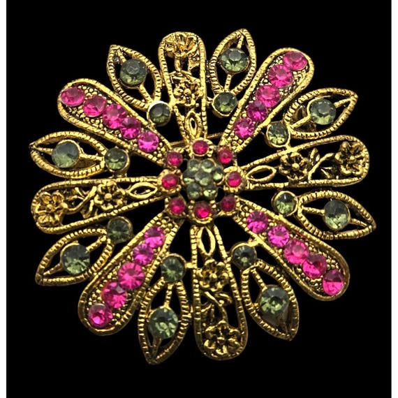 Vintage Gold-Tone Floral Rhinestone Brooch Pin With Pink & Green Stones 2 "