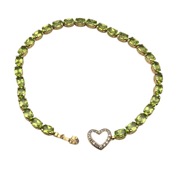 Vtg 14K Yellow Gold Green Peridot Bracelet W/ Diamond Heart Clasp 8" Marked 14Kt 8.63 Grams