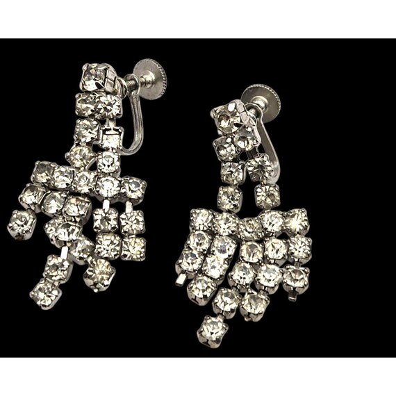 Vintage Art Deco Rhinestone Screw Back Earrings With Cascading Design