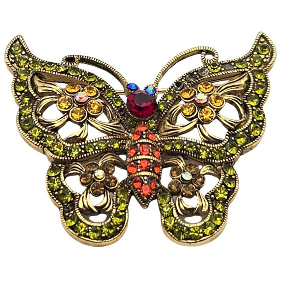 Vintage Gold-Tone Butterfly Brooch With Rhinestone Accents & Intricate Detailing Dual Function As Pendant 2 " x 1 3 /4 "