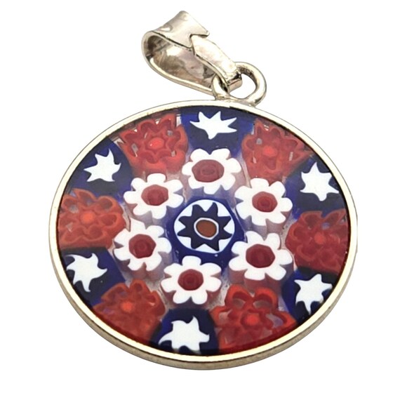Vintage Millefiori Sterling Silver Framed Pendant 3/4 " Red & Blue Floral