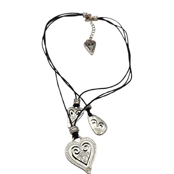 Vintage Silver-Toned Multi-Heart Pendant Necklace On Black Cord Adjustable Length