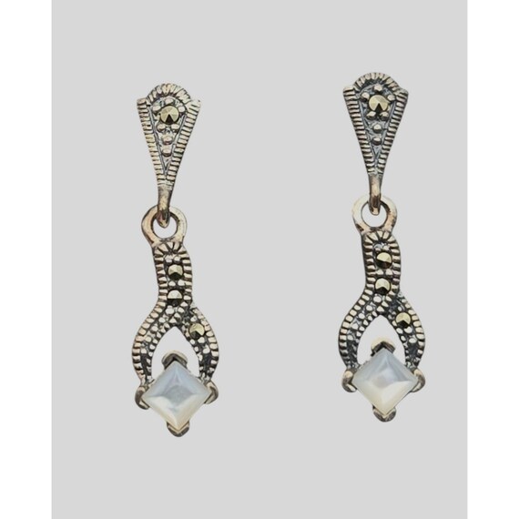 Vintage Sterling Silver Marcasite & Mother Of Pearl Drop Earrings