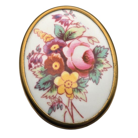 Vintage Royal Worcester Floral Porcelain Brooch/Pendant Hand Decorated Oval Design 2 " x 1 1/2 "