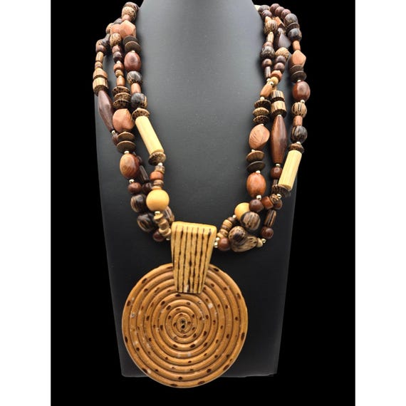 Hand-Carved Wooden Bead Tribal Style Necklace With Large Pendant 13 1/2 " Triple Strand