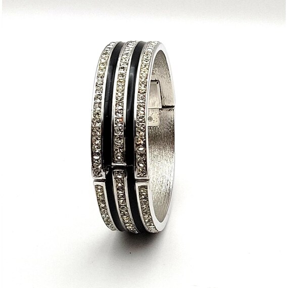 Vintage Trifari Silver-Tone Hinged Bangle Bracelet With Clear Rhinestones