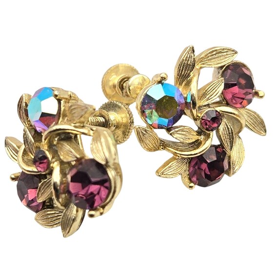 Vtg. Lisner AB Rhinestone Screwback Earrings Gold Tone Floral Design 7/8 "