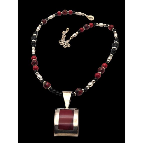 Vintage Sterling Silver Red & Black  Dolomite Agate Pendant Necklace 10 " w/ Extension Chain