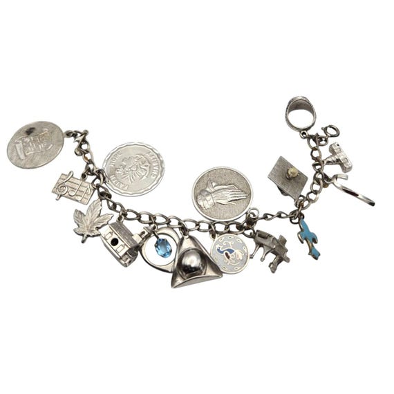 Vintage Sterling Silver Charm Bracelet With 15 Charms Including Praying Hands Piano Music Notes & More By AJC Co.