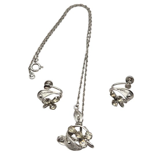 Vtg ESPO Sterling Silver Rhinestone Necklace & Screw Back Earrings Set
