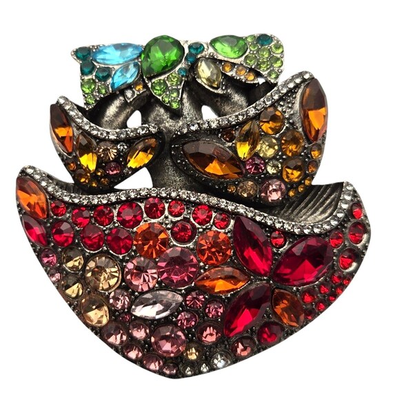 Vintage Multi-Color Rhinestone Enamel Brooch Heart Shape Floral Design 2 " X 2 1/4 "