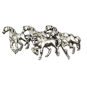 Vintage Silver Galloping Horse Brooch Pin 2.5&quot;x1.5&quot; Wild Horses Design Jewelry Statement Piece