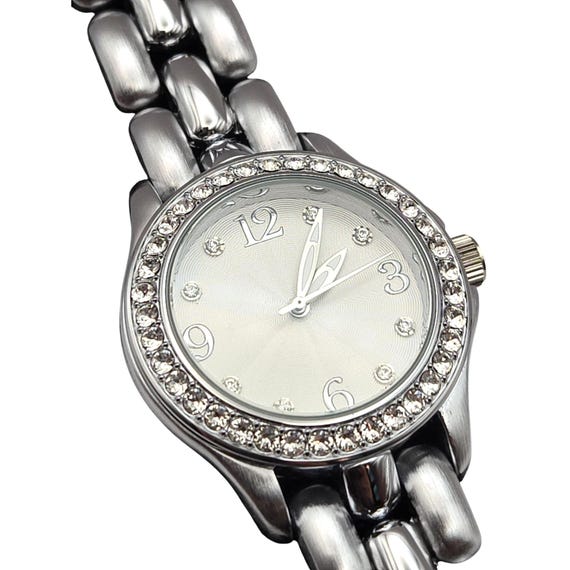 Vtg Comes & Goes Diamonique Ladies Wristwatch W/ Crystal Accents Stainless Steel Water-Resistant 7 3/4" Chain Strap