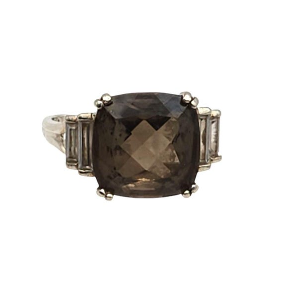 Vintage Smoky Quartz & CZ Baguette Silver Ring Square Band