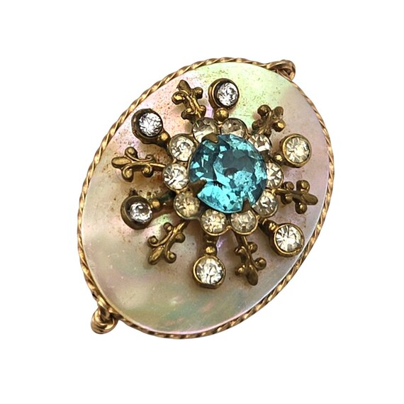 Vintage Gold-Tone Snowflake Brooch With Blue Rhinestone & Faux Pearl Cabochon 1 1/2 " X 1 "