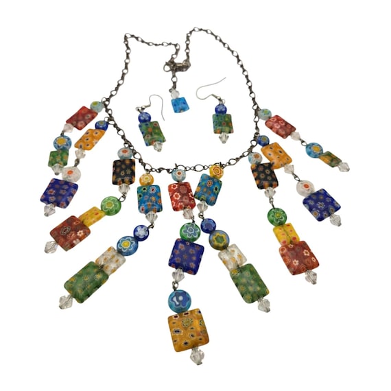 Vtg Millefiori Style Beaded Necklace - Earring Set With Colorful Glass & Crystal Accents