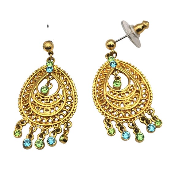 Vtg Joan Rivers Tibetan Style Gold-Tone Crystal Dangle Earrings With Stud Backs 1 3/4 " x 3/4 "