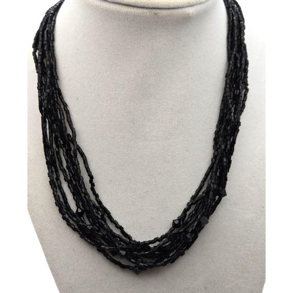 Vintage Black Glass 9-Strand Beaded Necklace With Magnetic Closure