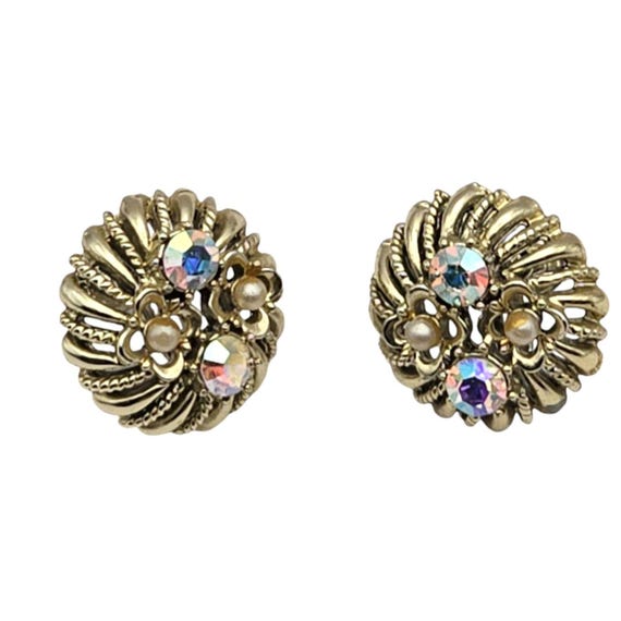 Vintage CORO Gold-Tone Clip-On Earrings With AB Multicolored Rhinestones & Faux Pearls