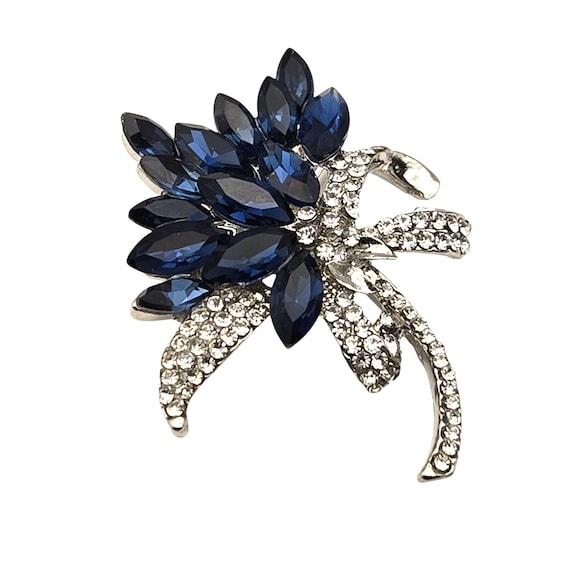 Vtg Blue Marquise & Clear Rhinestone Crystal Flower Brooch Pin 1 3/4" x 1 1/2" Stunning Accent Jewelry Piece