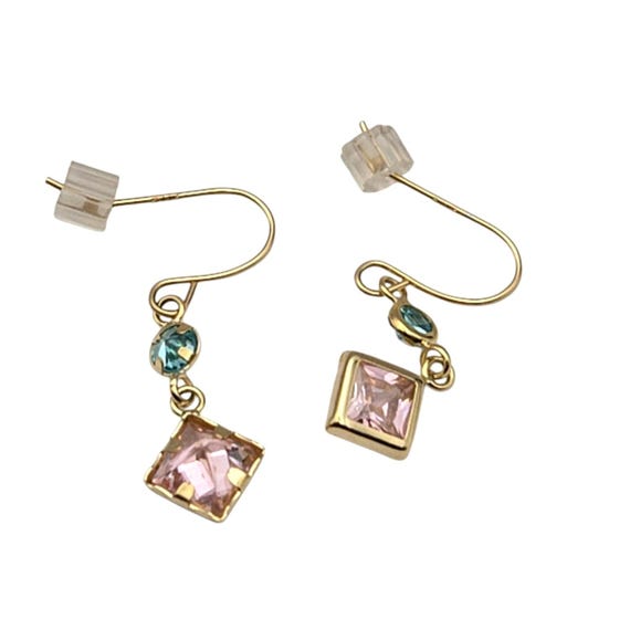 14 Kt Gold Drop Earrings With Pink & Blue CZ Crystals 1 " Drop