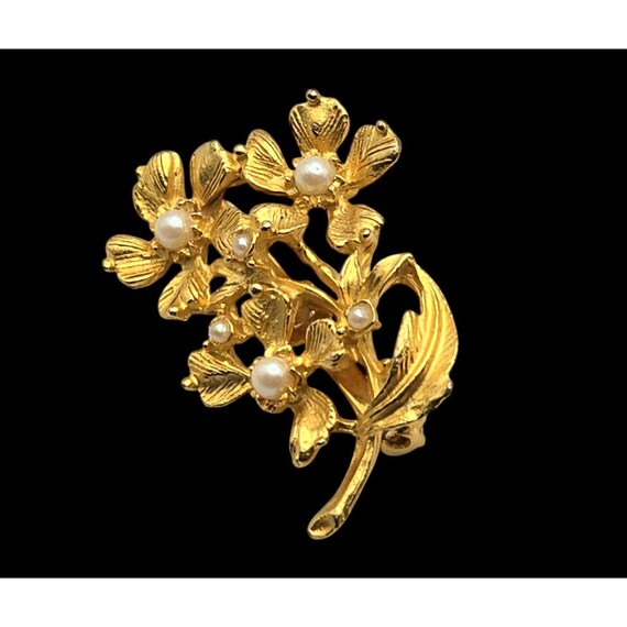 Gold Tone Floral Brooch Pin With Faux Pearls & Leaf Design 1 3/4 " X 1 1/4 "