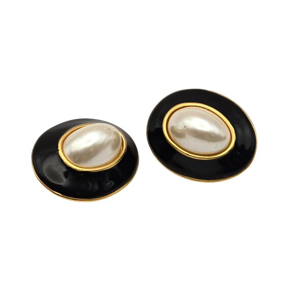 Vtg Couture Black Enamel & Faux Pearl Gold-Tone Clip-On Earrings