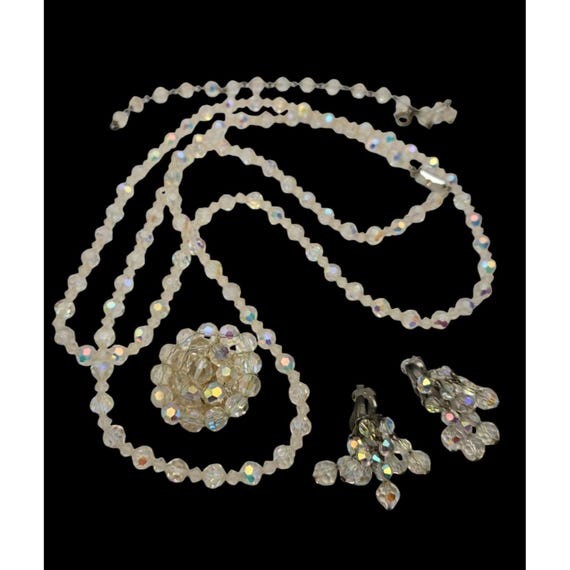 Vintage Aurora Borealis Crystal Bead Necklace Bracelet & Clip-On Earrings Set
