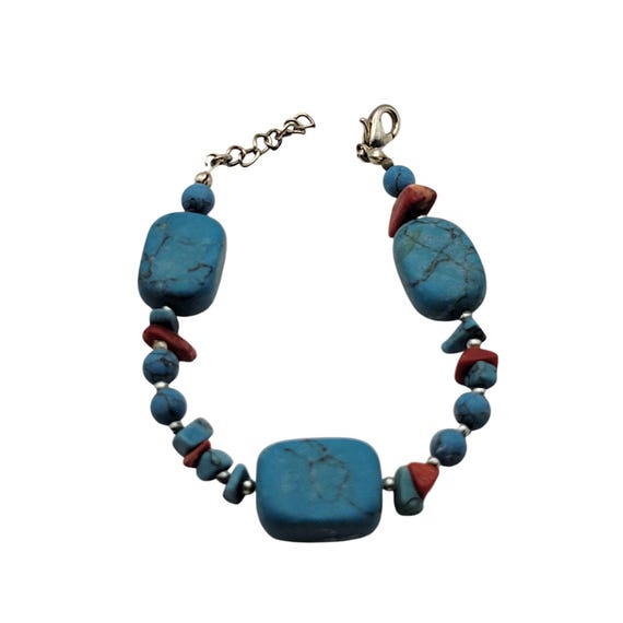 Turquoise & Red Coral Beaded Bracelet With Lobster Clasp