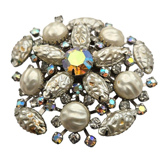 Vintage Rhinestone & Faux Pearl Brooch Pin Estate Brooch