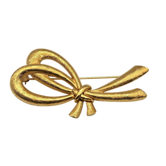 Vtg Monet Gold Tone Ribbon Brooch/Pin With Brushed Metal Finish