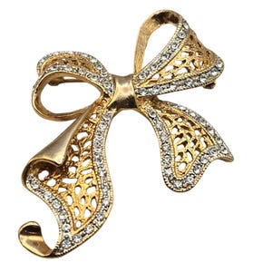 Vintage Gold Plated Rhinestone Bow Brooch Pin Elegant Statement Piece